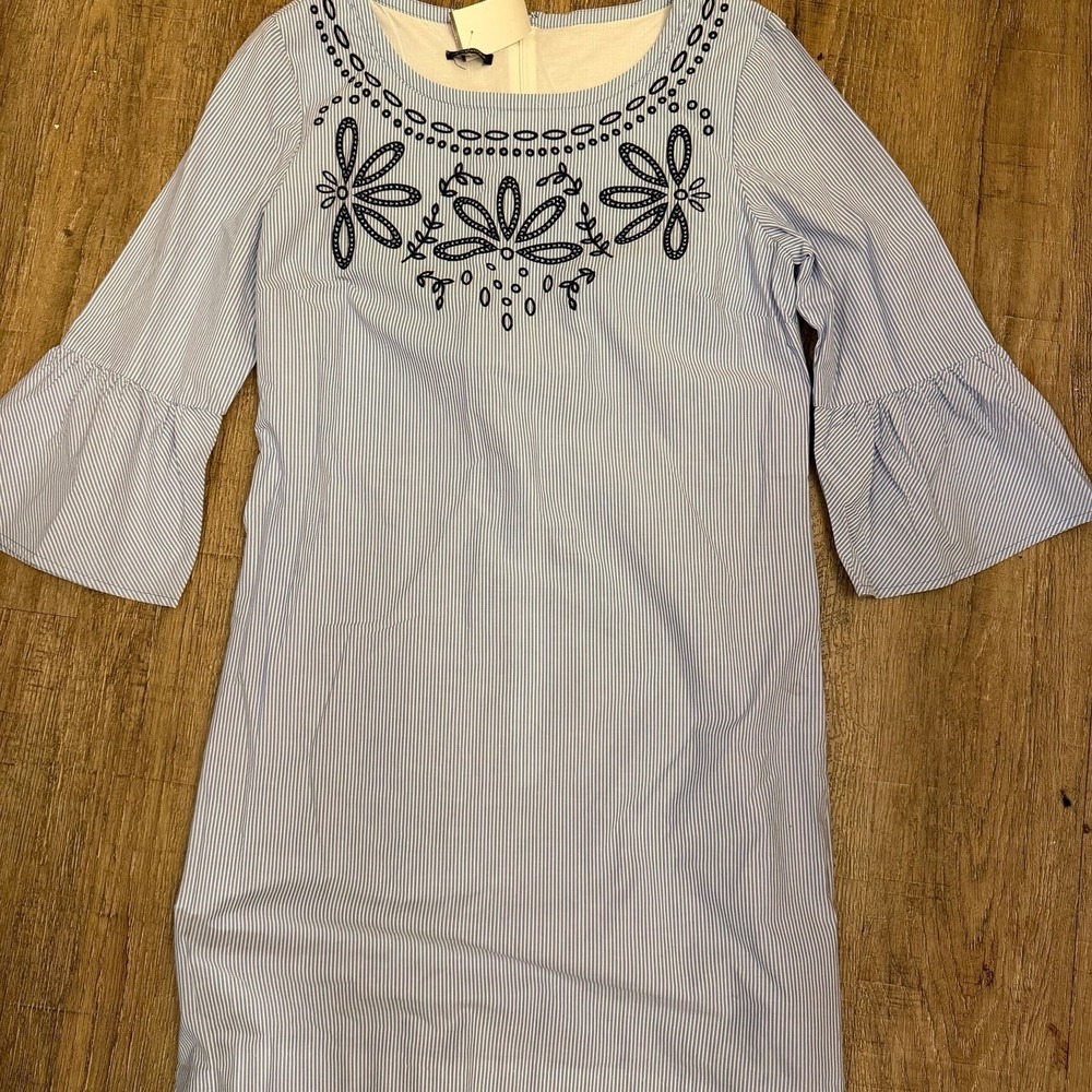 Talbots Blue Striped Embroidered Dress Belted Size‎ 8 - Picture 4 of 7